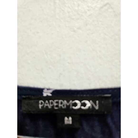 Papermoon Stitch Fix Womens BOHO Top Medium Navy Bird Print Short Sleeve Office - Picture 3 of 9